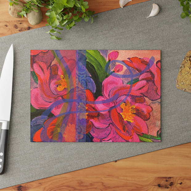 Tempered Glass Cutting Board - Pink Magnolias