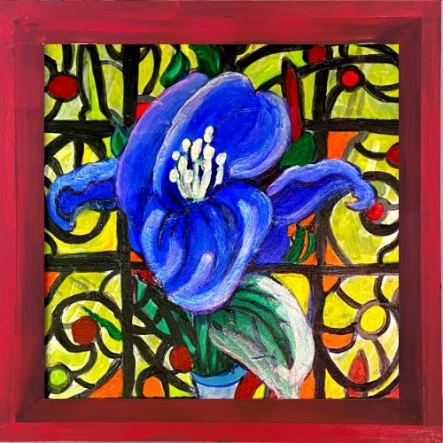 Wooden Shadowbox/Tray:Blue Iris and Stained Glass
